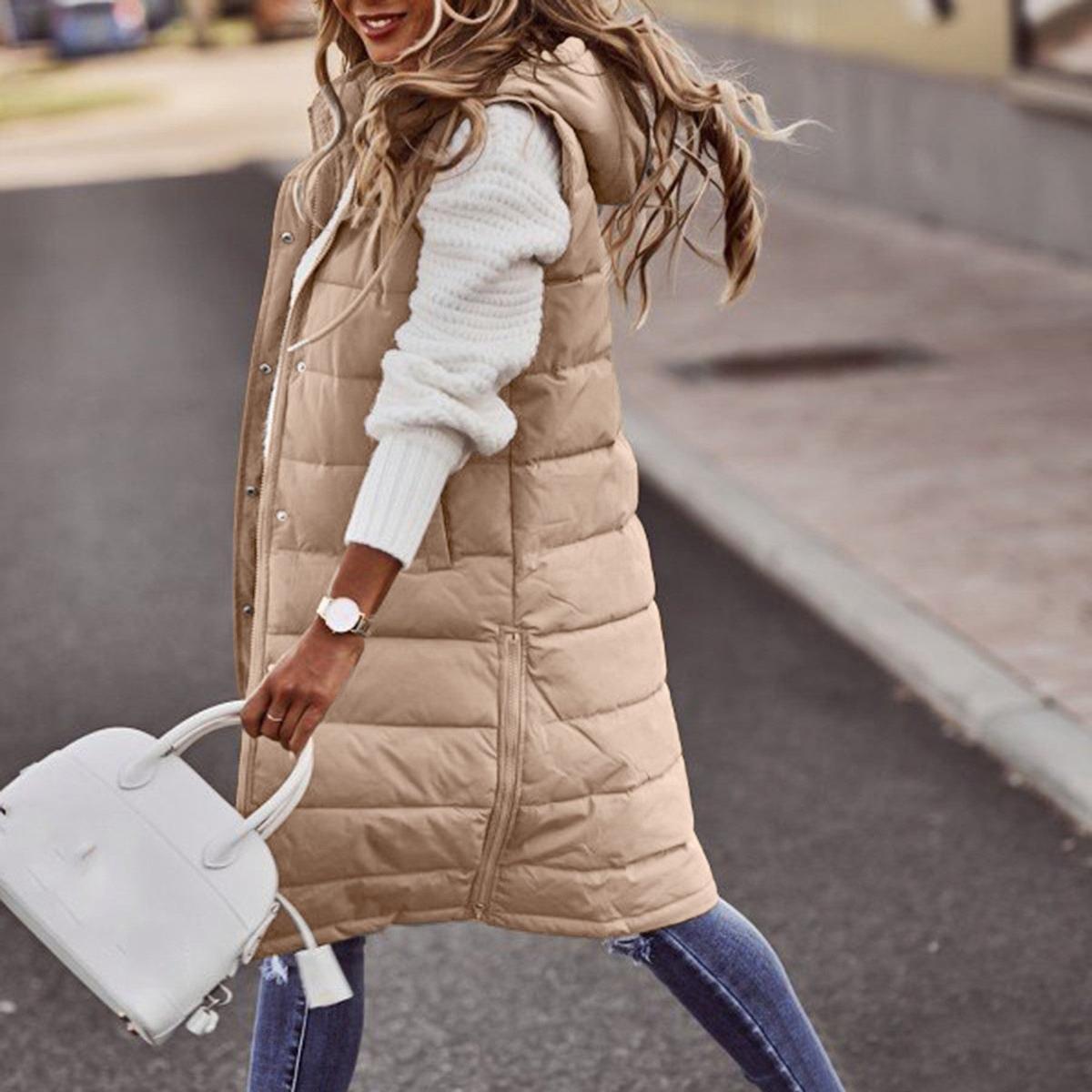 Women's Sleeveless Bodywarmer Long Hooded Padded Gilet