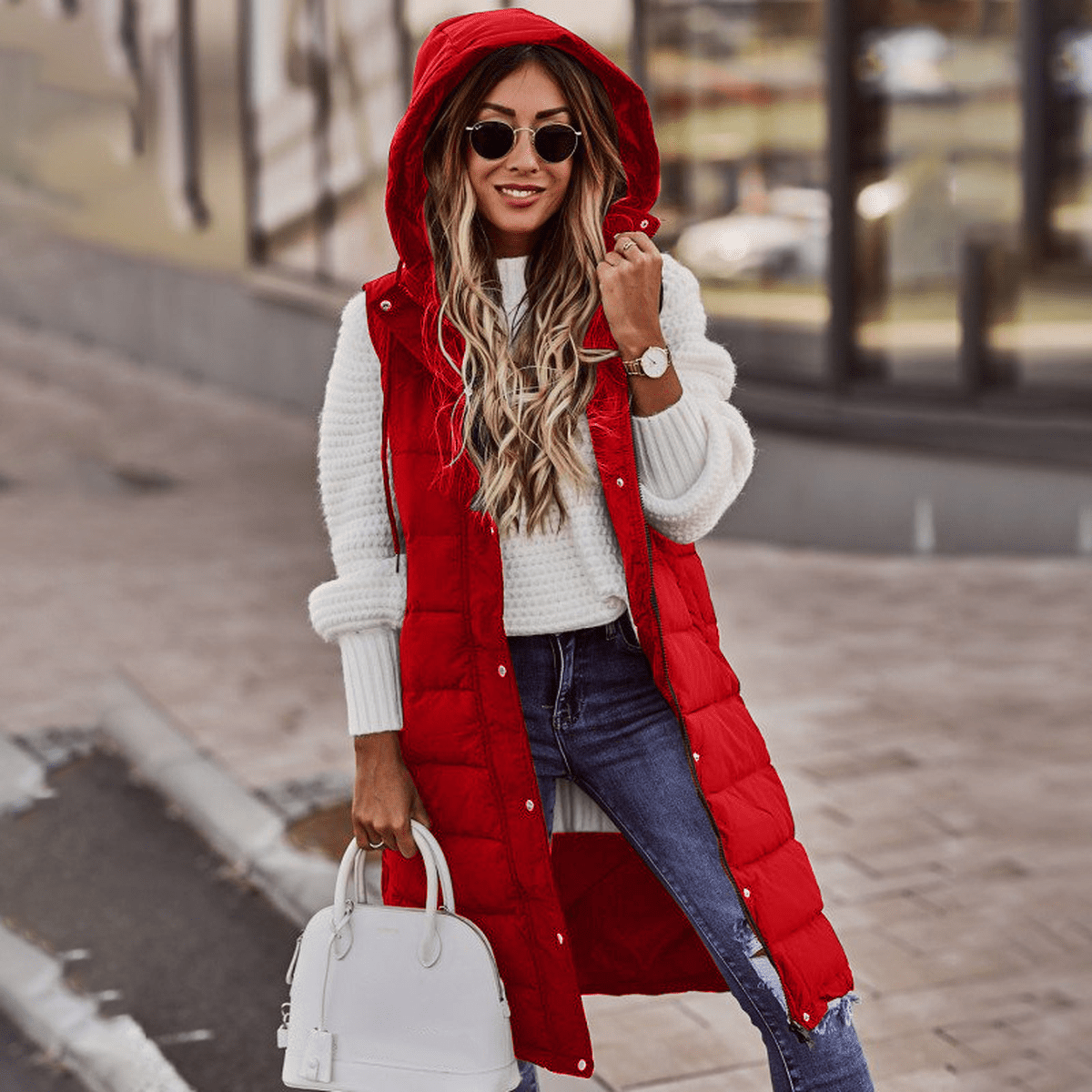 Women's Sleeveless Bodywarmer Long Hooded Padded Gilet