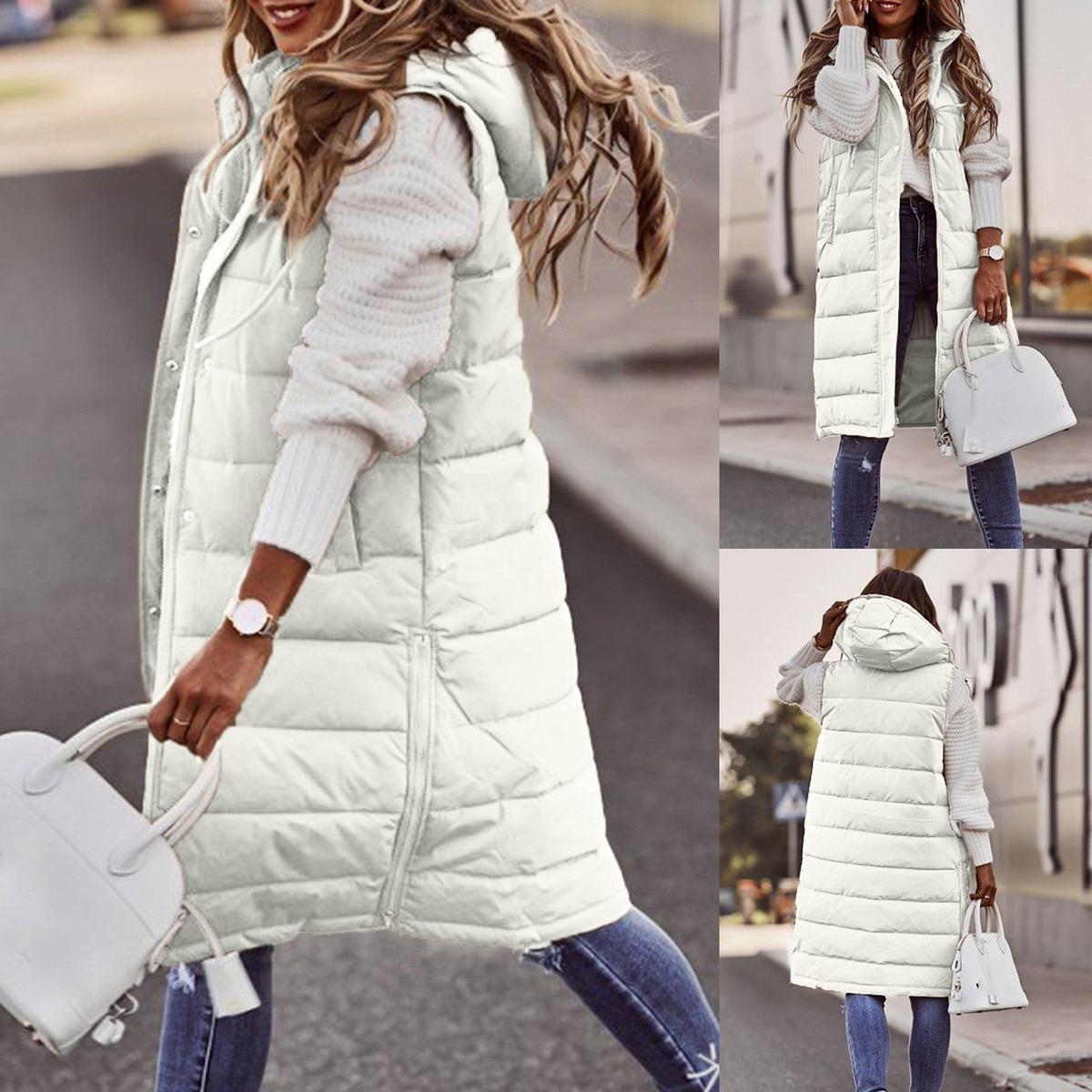 Women's Sleeveless Bodywarmer Long Hooded Padded Gilet