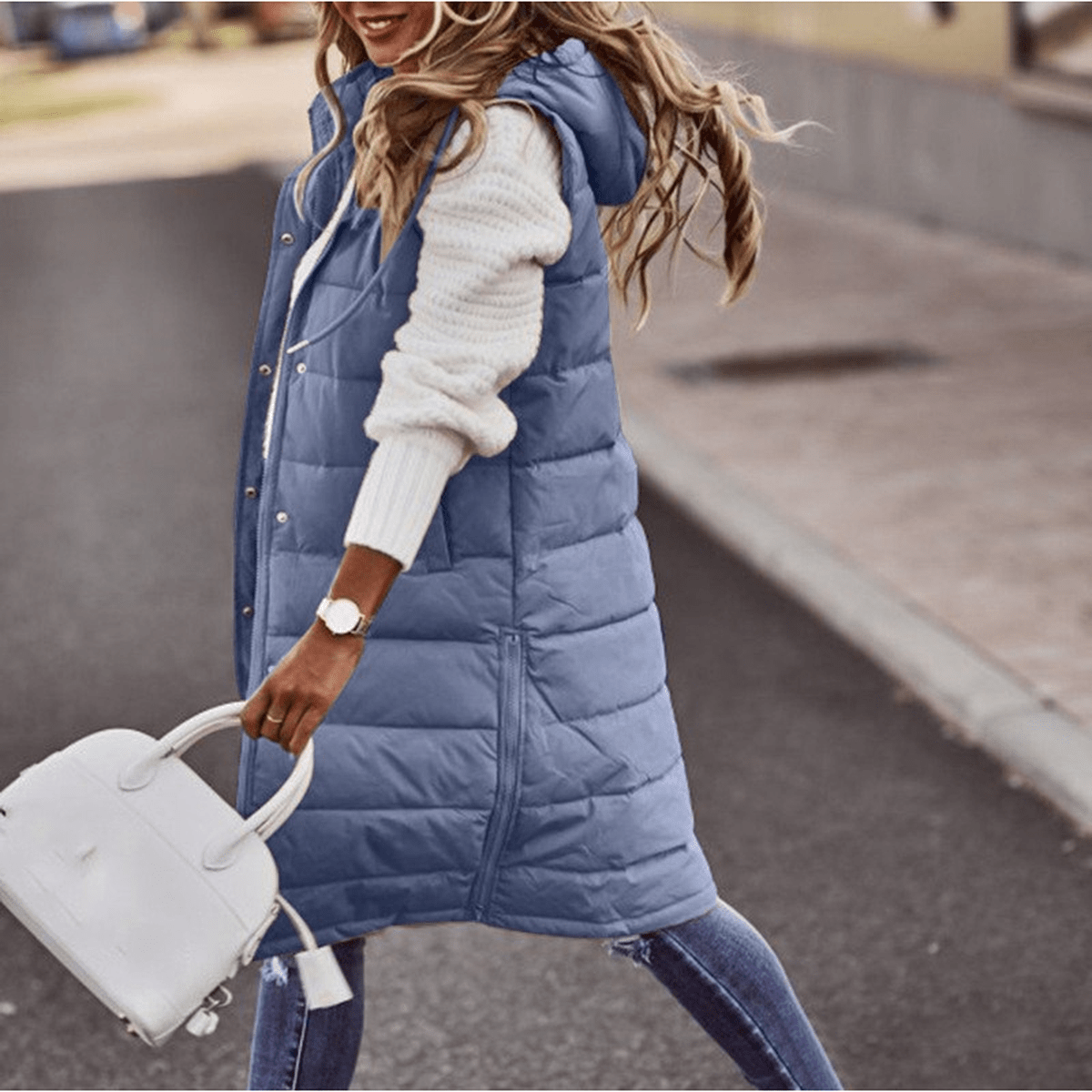 Women's Sleeveless Bodywarmer Long Hooded Padded Gilet