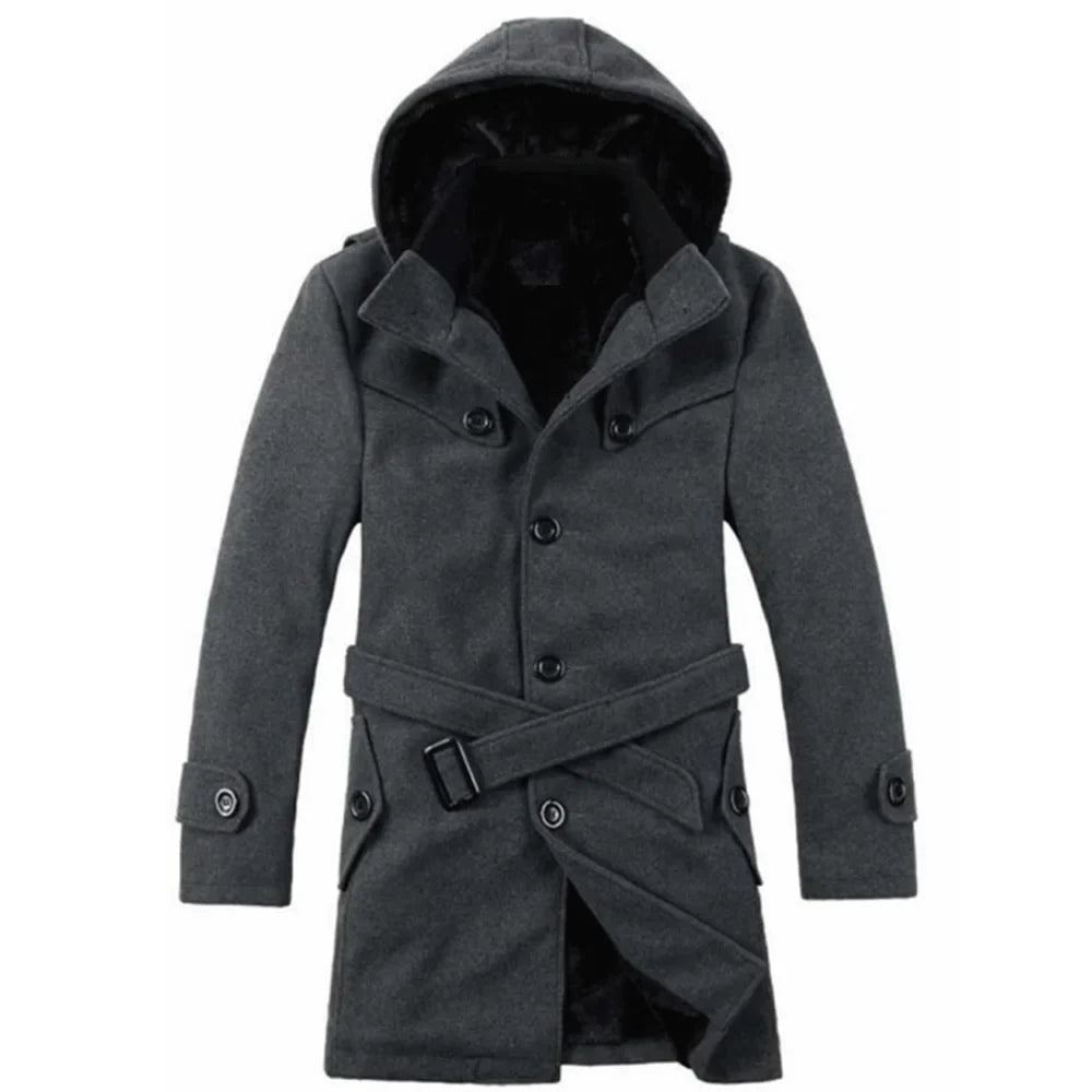 Men’s Hooded Belted Trench Coat with Faux Fur Lining