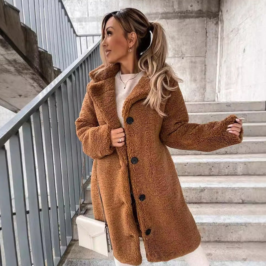 Women’s Long Faux Fur Teddy Cosy Notched Collar Winter Coat