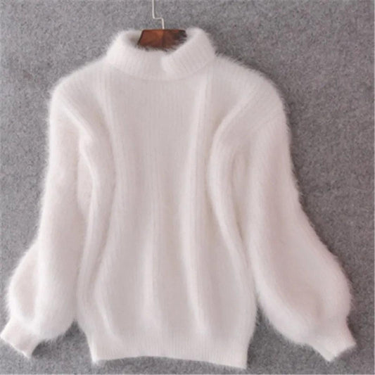Women's Relaxed Fluffy Puff Sleeve Mock Neck Knitted Jumper