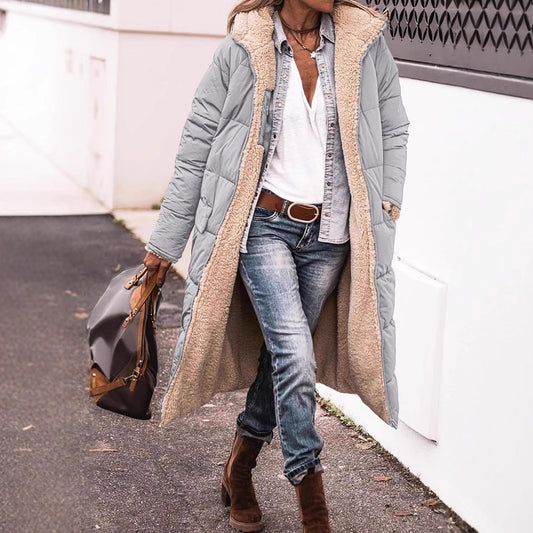 Women’s Reversible Long Quilted Fleece Winter Coat With Hood