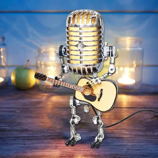 Vintage Metal Microphone Design Robot With Guitar Lamp