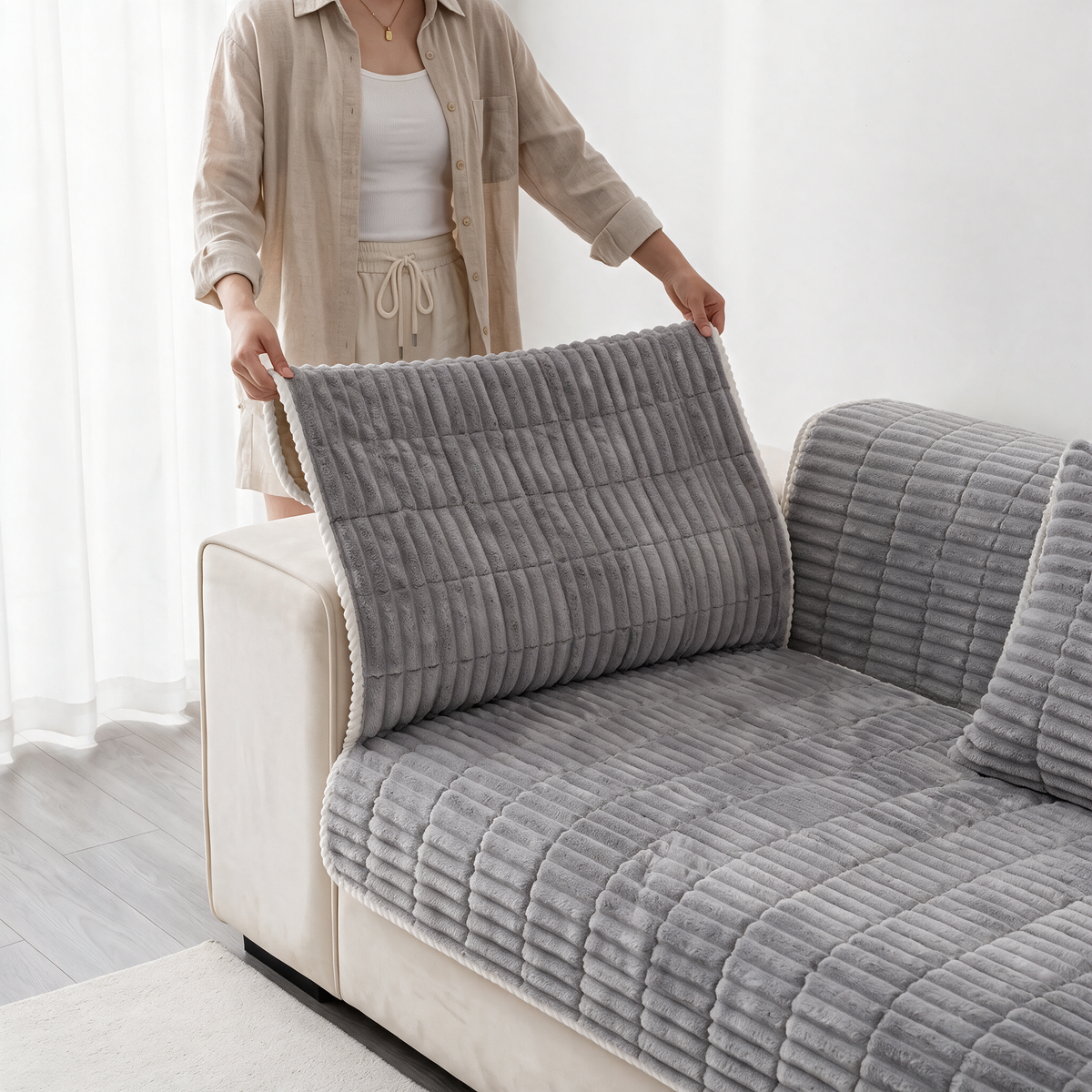 Spill-Resistant Non-Slip 1-Piece Plush Sofa Cover