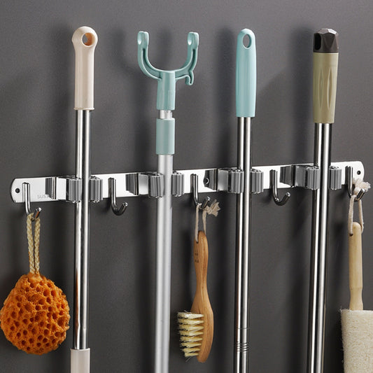 Wall Mounted Broom And Mop Holder Rack With Hooks