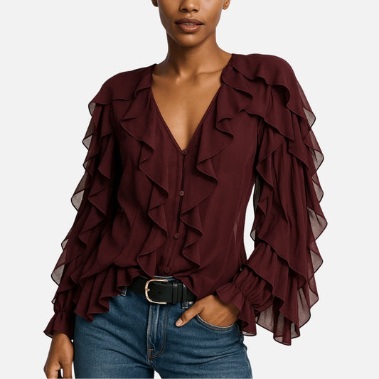 Women’s Ruffle Layered Long Sleeve Top V-Neck Blouse