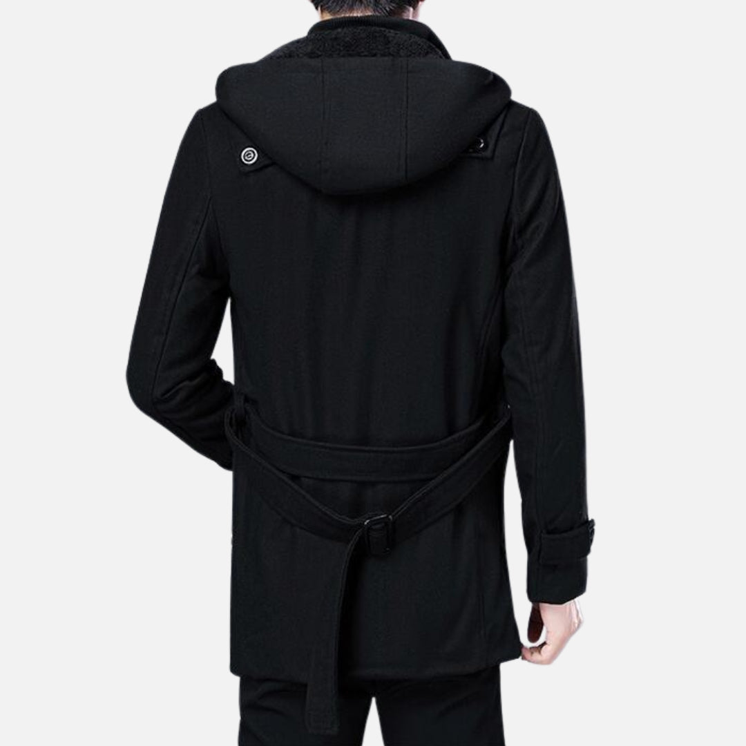 Men’s Hooded Belted Trench Coat with Faux Fur Lining
