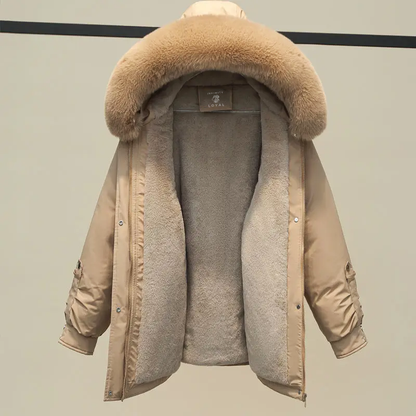 Women’s Fleece Lining Winter Puffer Parka Jacket with Faux Fur Collar