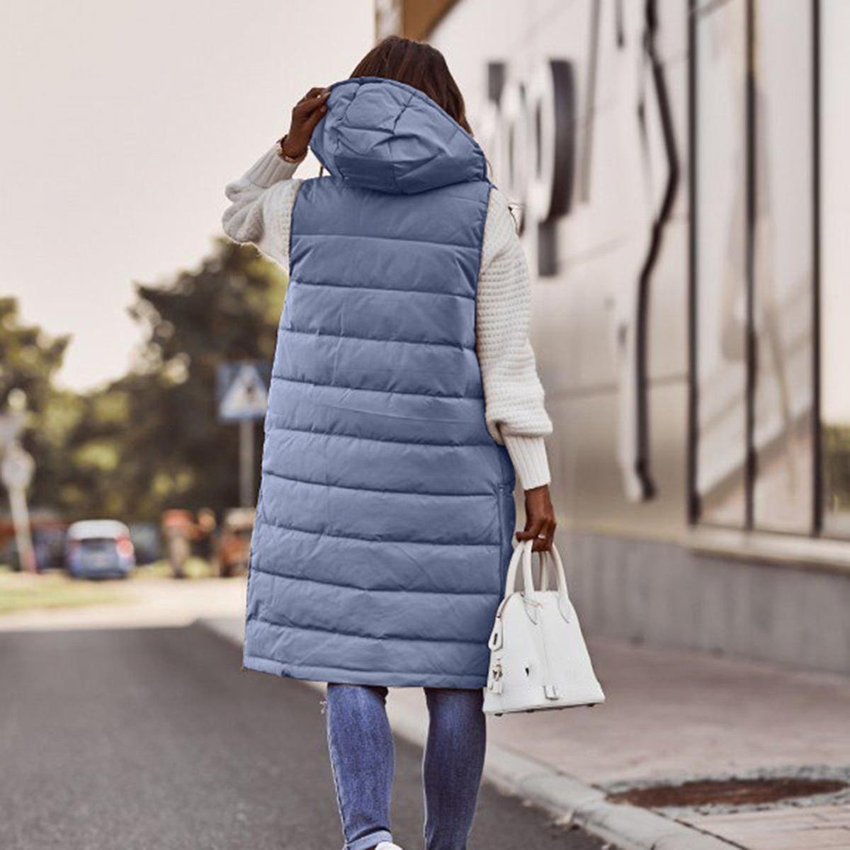 Women's Sleeveless Bodywarmer Long Hooded Padded Gilet