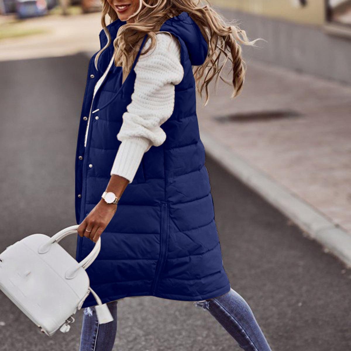 Women's Sleeveless Bodywarmer Long Hooded Padded Gilet