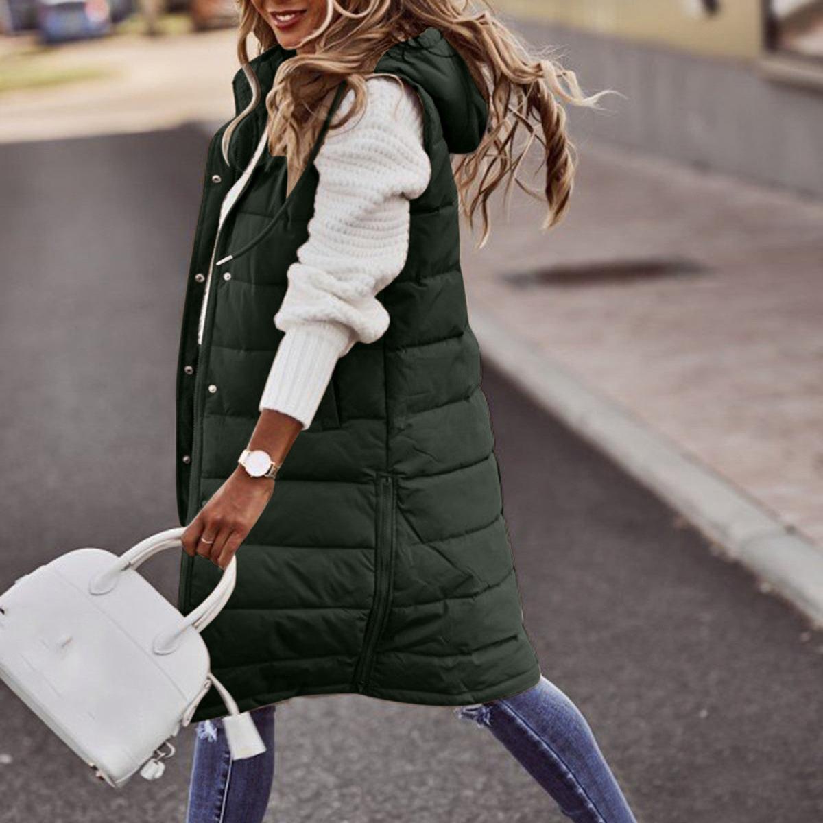 Women's Sleeveless Bodywarmer Long Hooded Padded Gilet