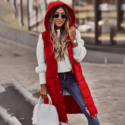 Women's Sleeveless Bodywarmer Long Hooded Padded Gilet