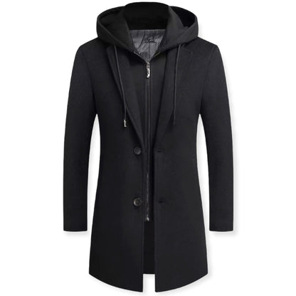 Men’s Classic Overcoat Wool Blend Winter Coat with Detachable Hood