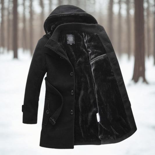 Men’s Hooded Belted Trench Coat with Faux Fur Lining