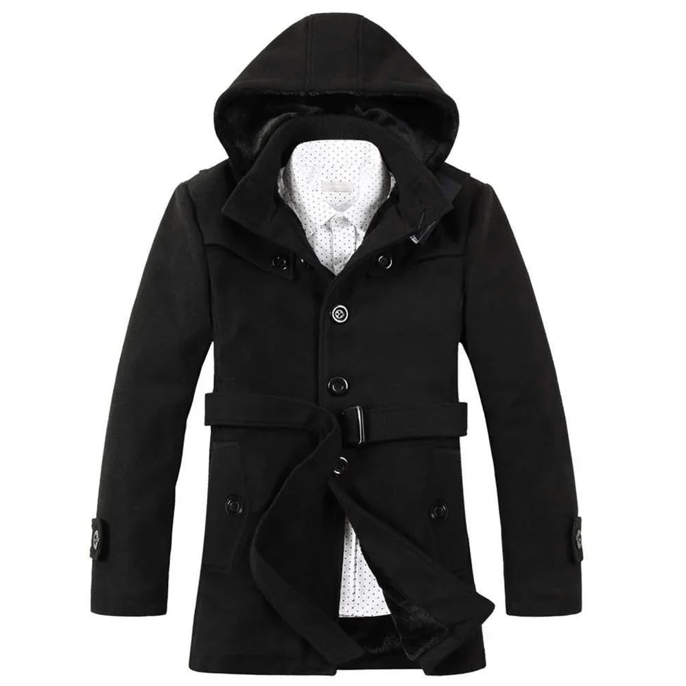 Men’s Hooded Belted Trench Coat with Faux Fur Lining