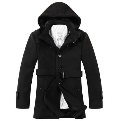 Men’s Hooded Belted Trench Coat with Faux Fur Lining
