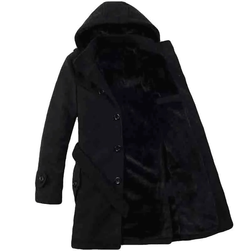 Men’s Hooded Belted Trench Coat with Faux Fur Lining