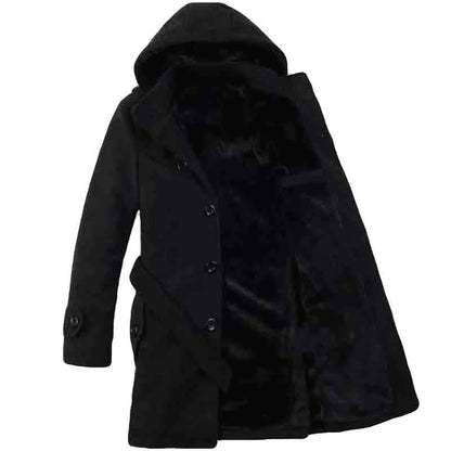 Men’s Hooded Belted Trench Coat with Faux Fur Lining