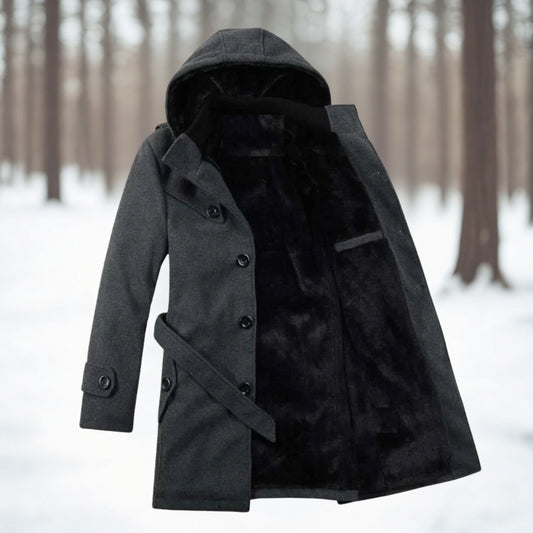 Men’s Hooded Belted Trench Coat with Faux Fur Lining