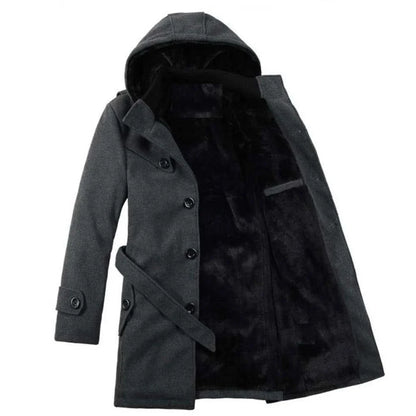 Men’s Hooded Belted Trench Coat with Faux Fur Lining