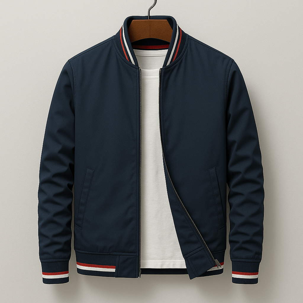 Men’s Lightweight Zip-Up Bomber Jacket with Striped Trim