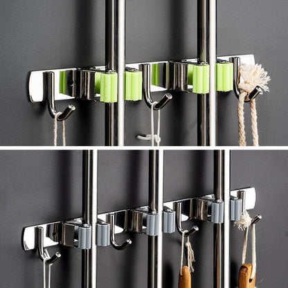 Wall Mounted Broom And Mop Holder Rack With Hooks