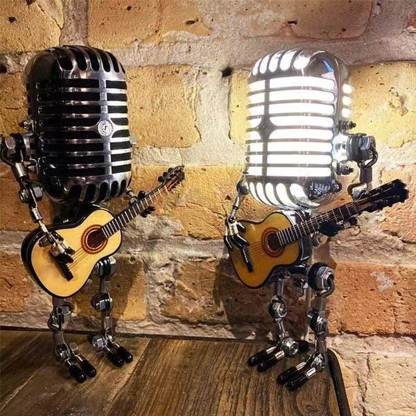 Vintage Metal Microphone Design Robot With Guitar Lamp