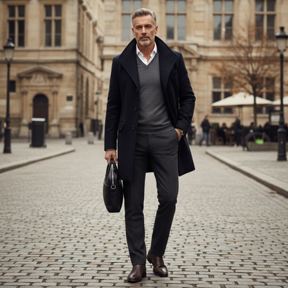 Men’s Classic Wool Blend Coat Stand Collar Tailored Overcoat