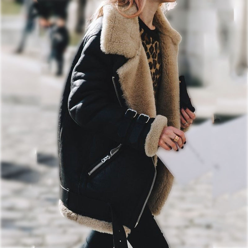 Women’s Vintage Shearling Aviator Jacket with Buckle Detail