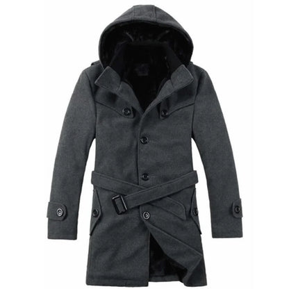 Men’s Hooded Belted Trench Coat with Faux Fur Lining