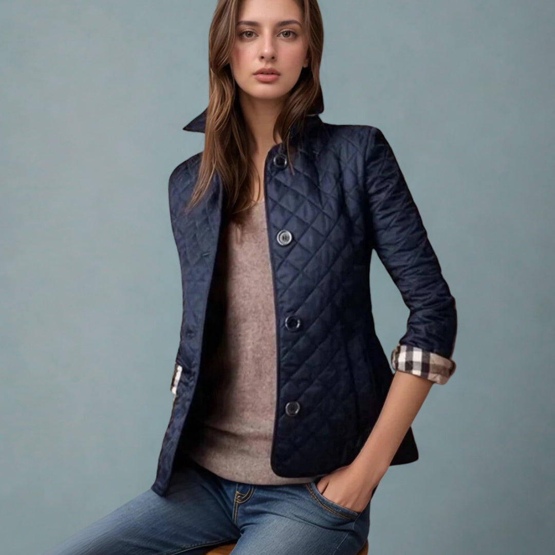Women’s Classic Lightweight Button-Up Quilted Jacket with Plaid Cuffs Lining