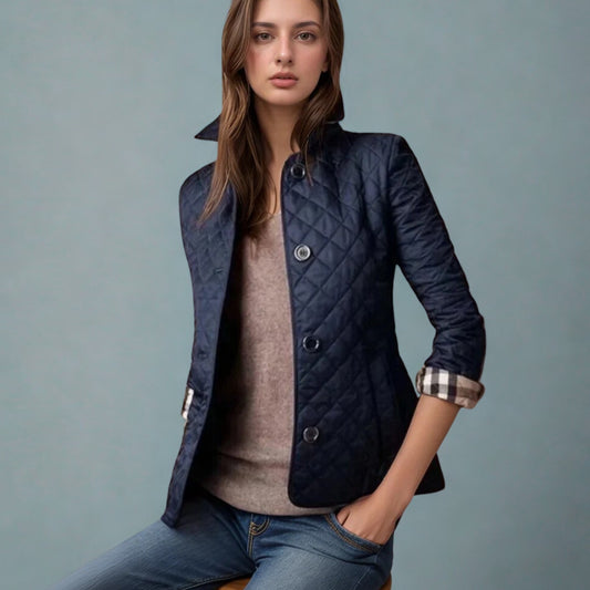 Women’s Classic Lightweight Button-Up Quilted Jacket with Plaid Cuffs Lining