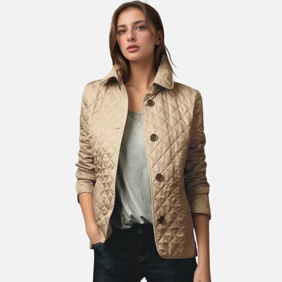 Women’s Classic Lightweight Button-Up Quilted Jacket with Plaid Cuffs Lining