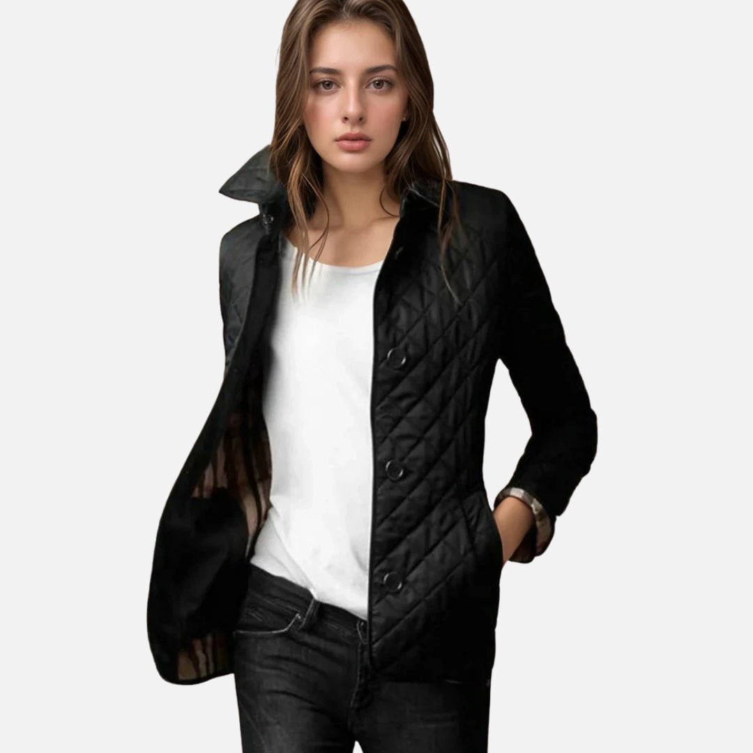 Women’s Classic Lightweight Button-Up Quilted Jacket with Plaid Cuffs Lining