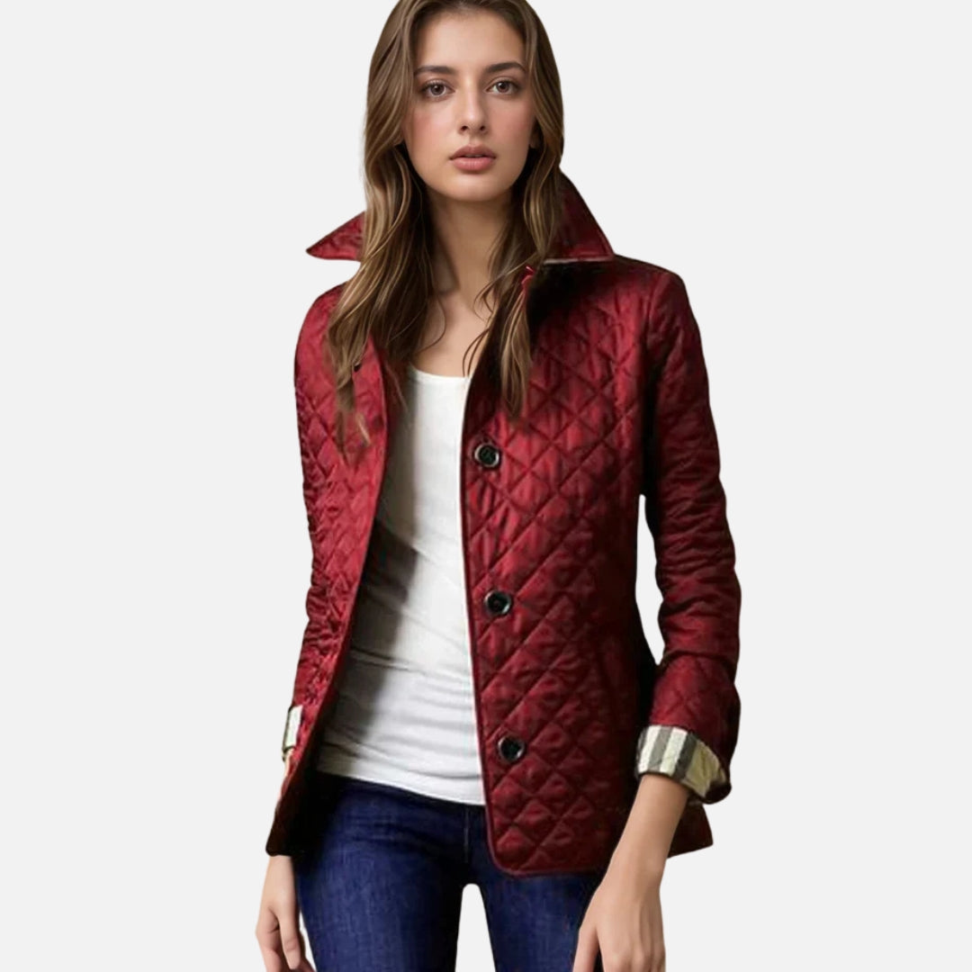 Women’s Classic Lightweight Button-Up Quilted Jacket with Plaid Cuffs Lining