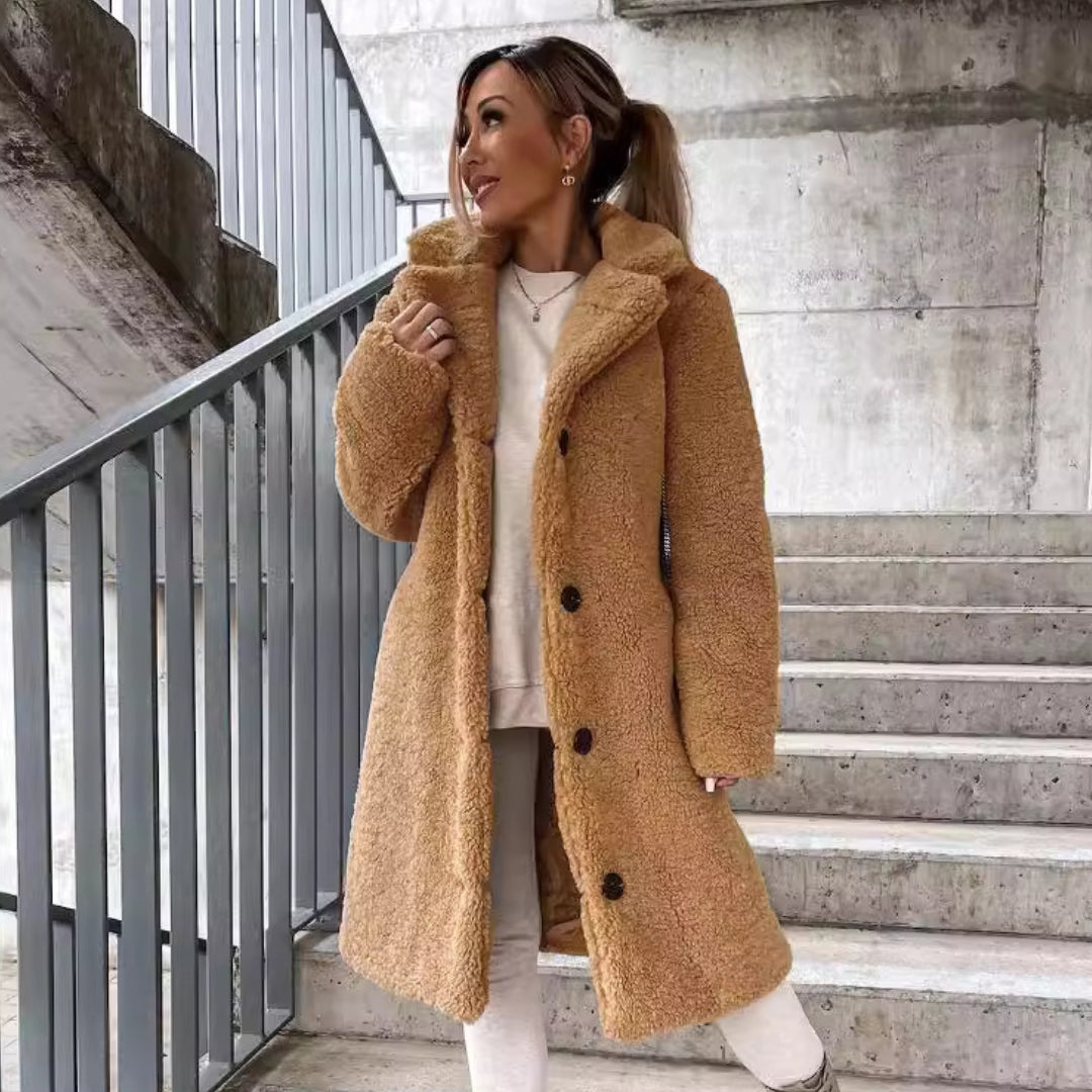 Women’s Long Faux Fur Teddy Cosy Notched Collar Winter Coat