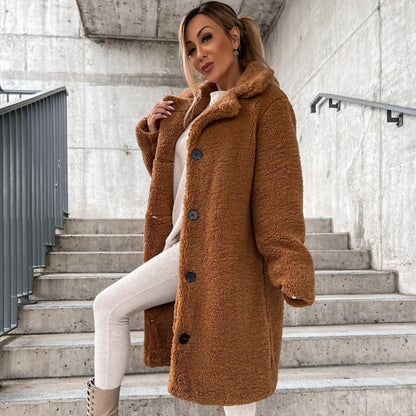 Women’s Long Faux Fur Teddy Cosy Notched Collar Winter Coat