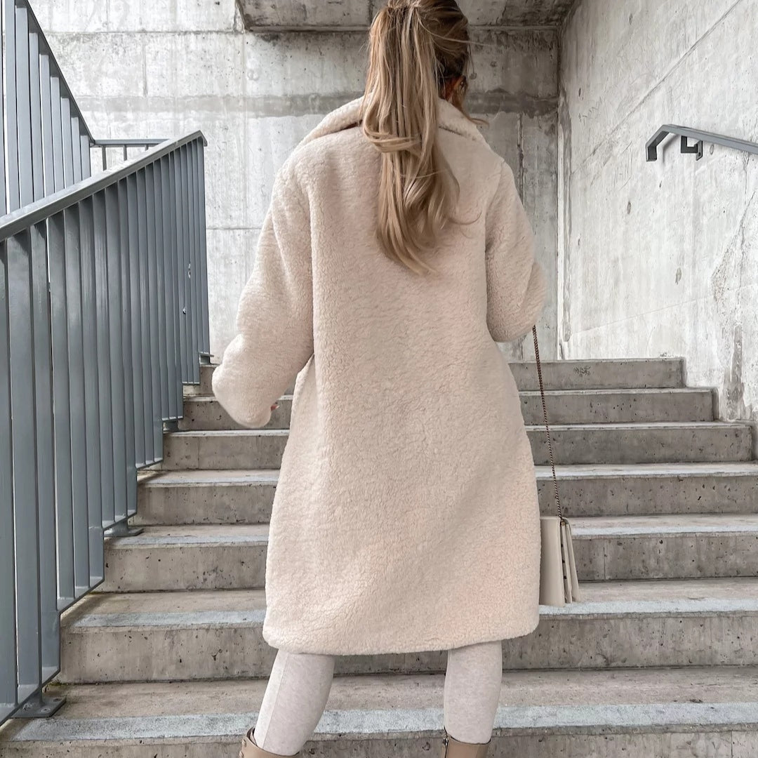 Women’s Long Faux Fur Teddy Cosy Notched Collar Winter Coat