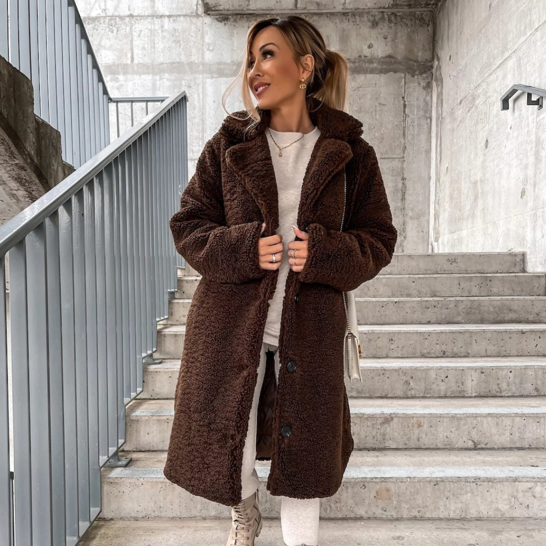 Women’s Long Faux Fur Teddy Cosy Notched Collar Winter Coat