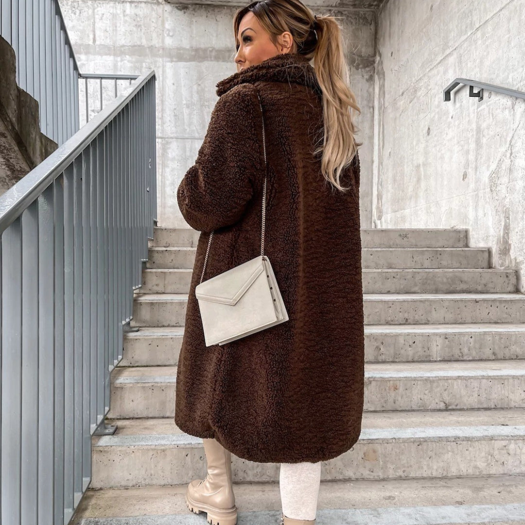 Women’s Long Faux Fur Teddy Cosy Notched Collar Winter Coat