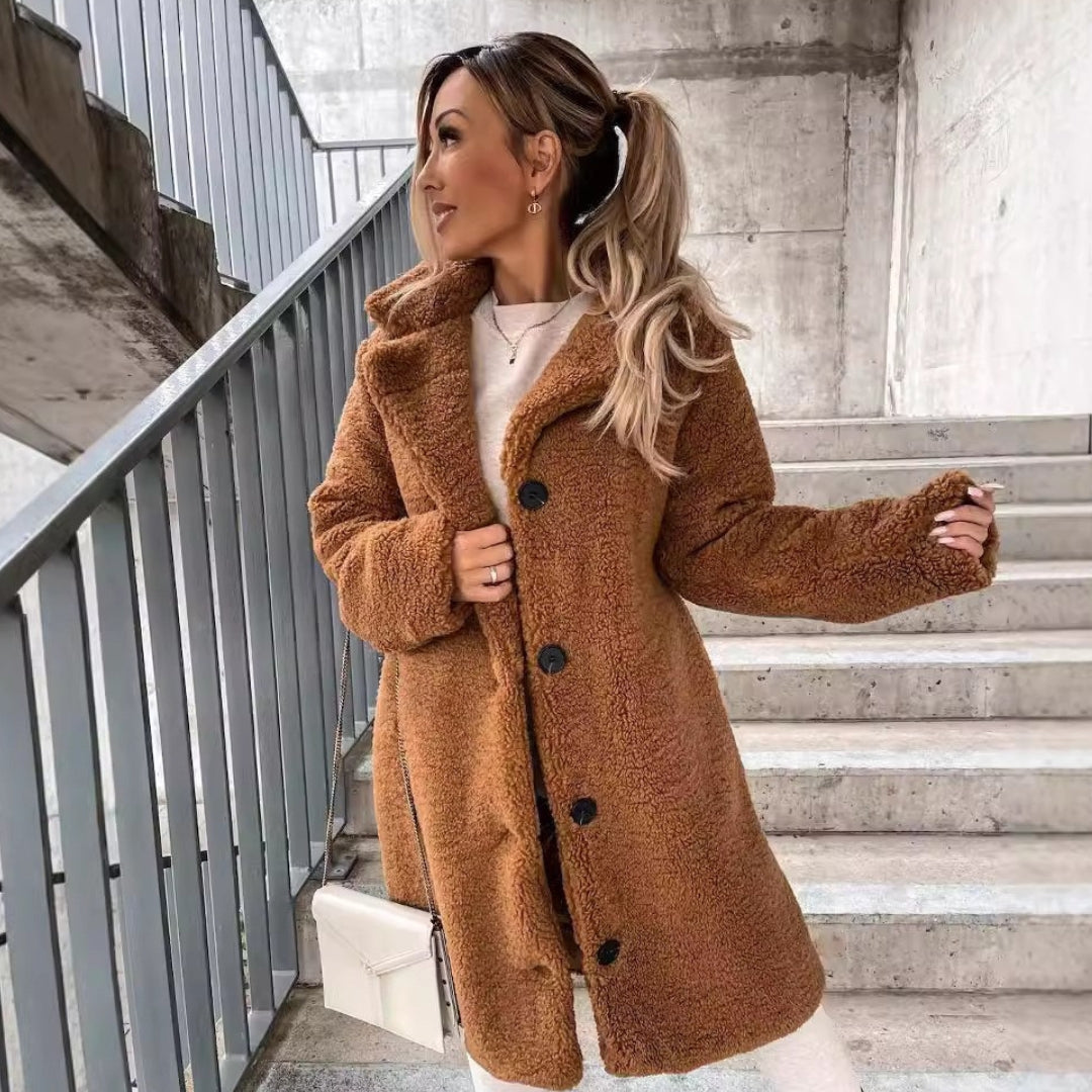 Women’s Long Faux Fur Teddy Cosy Notched Collar Winter Coat