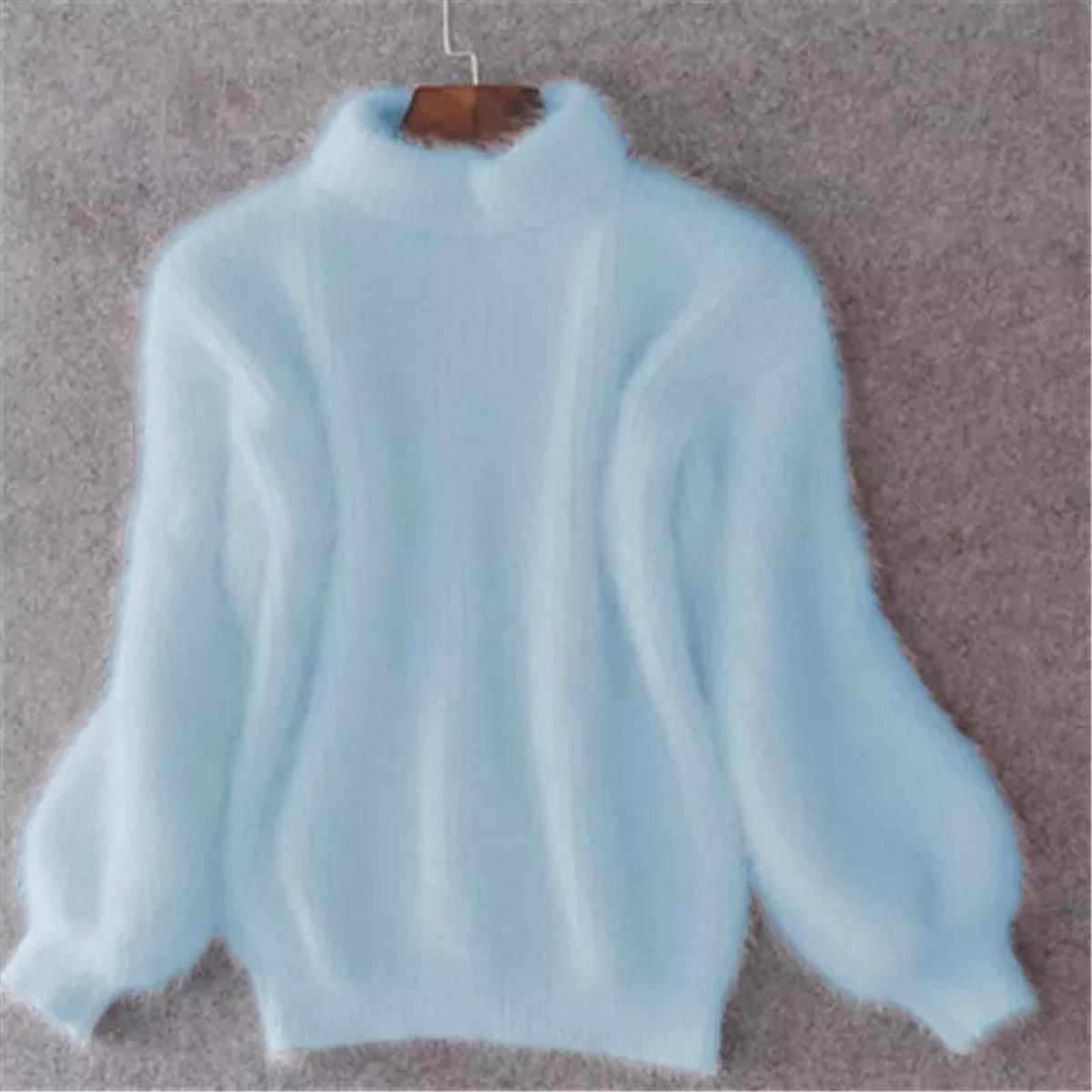 Women's Relaxed Fluffy Puff Sleeve Mock Neck Knitted Jumper