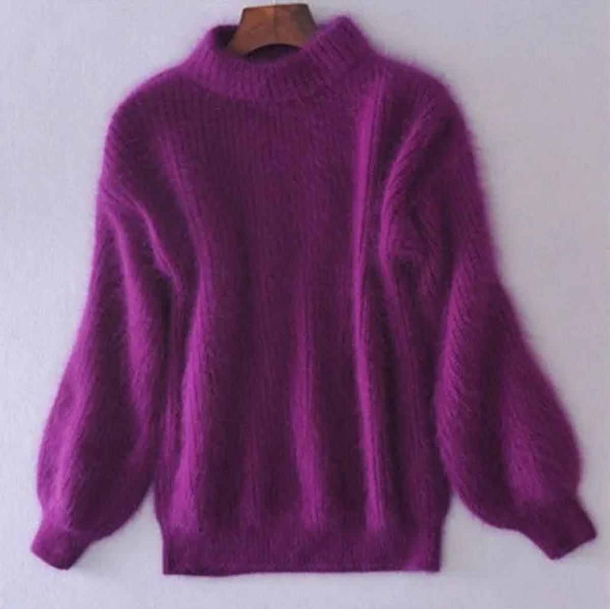 Women's Relaxed Fluffy Puff Sleeve Mock Neck Knitted Jumper