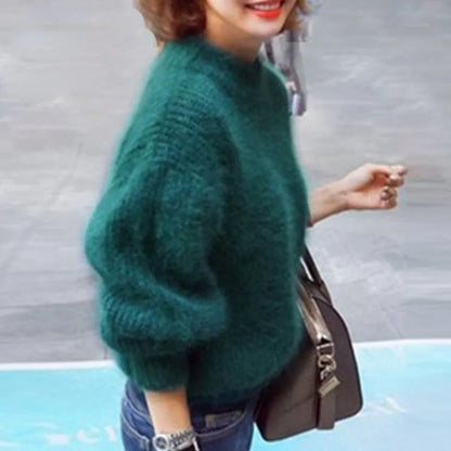 Women's Relaxed Fluffy Puff Sleeve Mock Neck Knitted Jumper