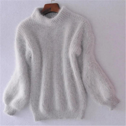 Women's Relaxed Fluffy Puff Sleeve Mock Neck Knitted Jumper