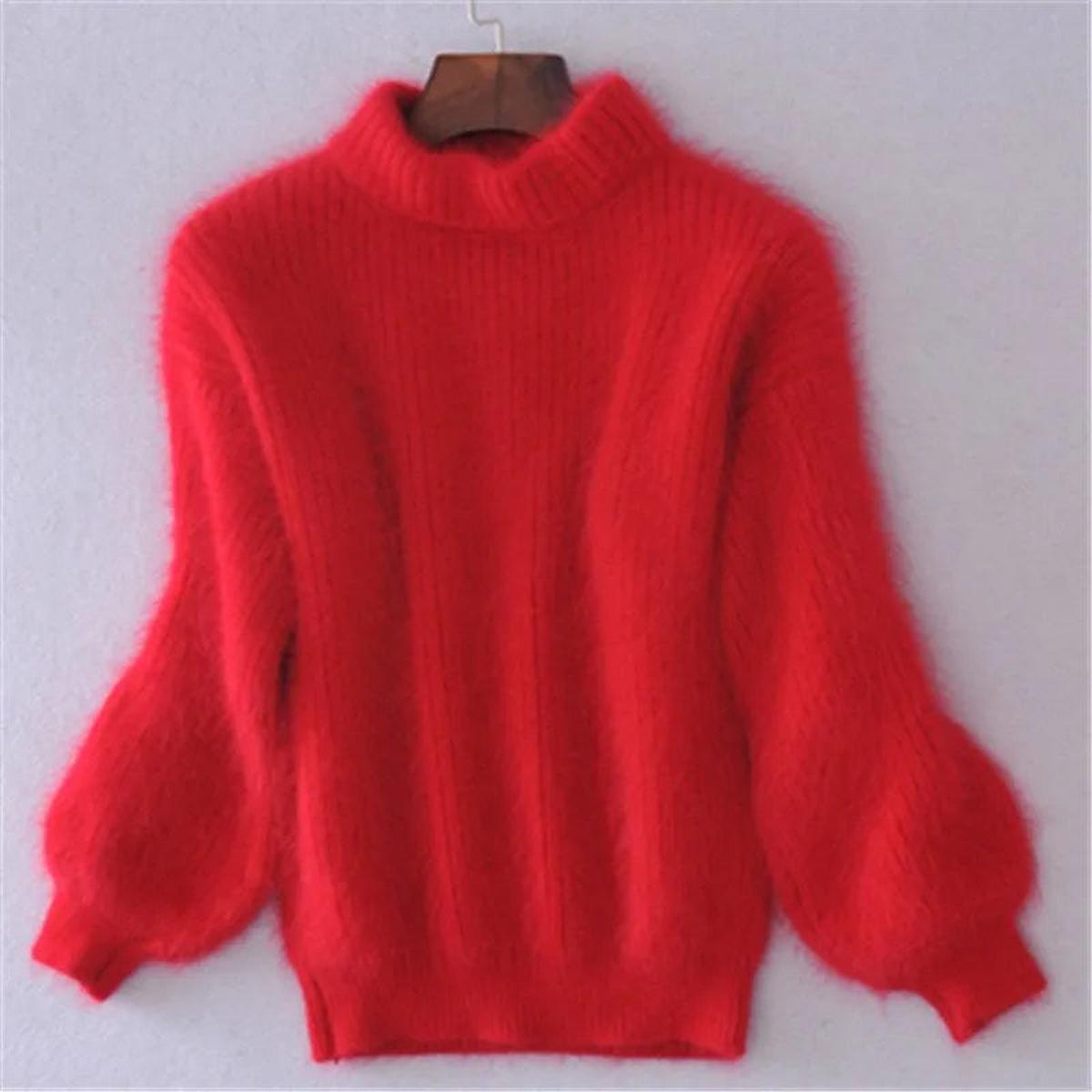 Women's Relaxed Fluffy Puff Sleeve Mock Neck Knitted Jumper
