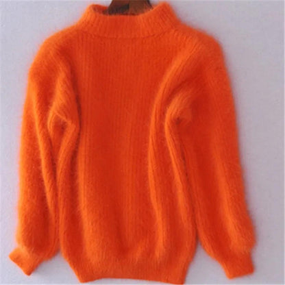 Women's Relaxed Fluffy Puff Sleeve Mock Neck Knitted Jumper
