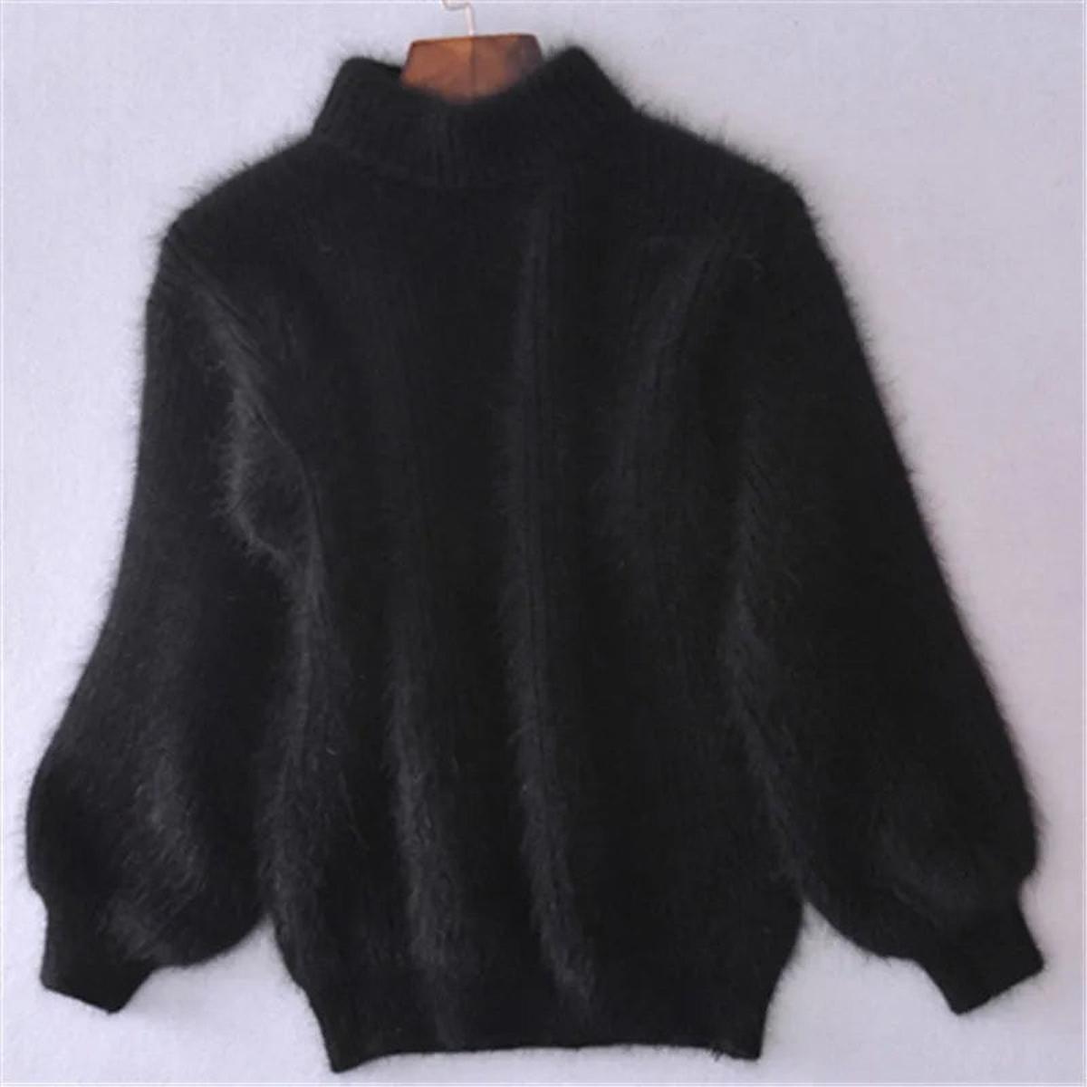 Women's Relaxed Fluffy Puff Sleeve Mock Neck Knitted Jumper